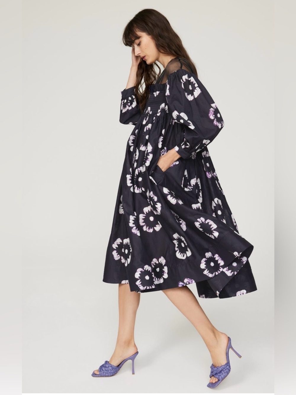 Busayo~Floral Oversized Organza Midi Dress w/ Lilac Flowers~Size Small~$480~